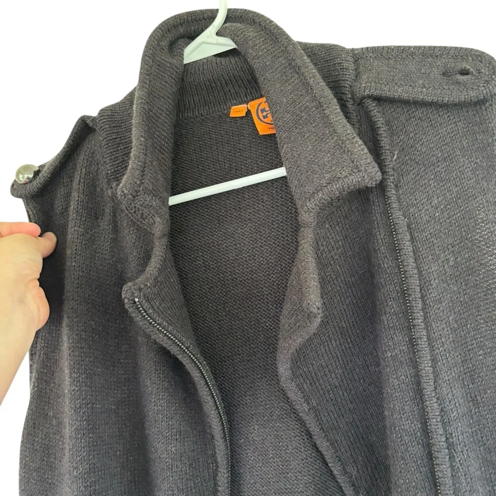 TORY BURCH Dark Gray Merino Wool‎ Belt Full Zip Sleeveless Sweater Jacket Vest M